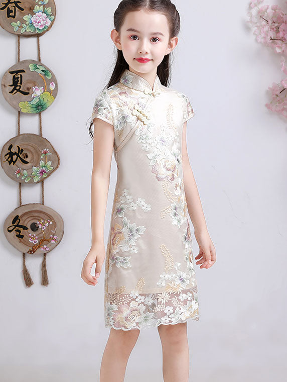 Embroidered Overlay Kids Girls Cheongsam Dress