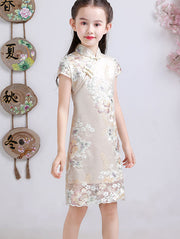 Embroidered Overlay Kids Girls Cheongsam Dress