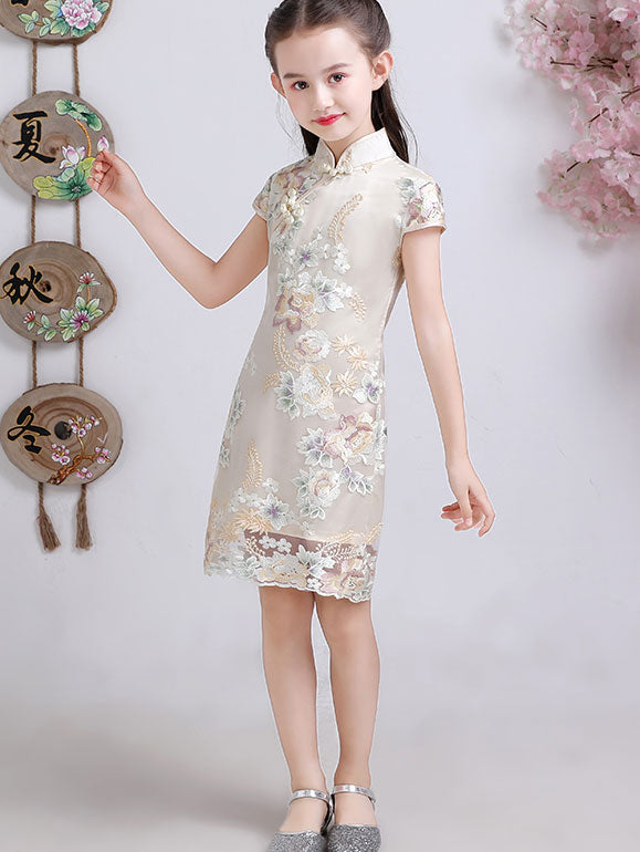 Embroidered Overlay Kids Girls Cheongsam Dress
