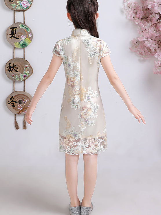 Embroidered Overlay Kids Girls Cheongsam Dress