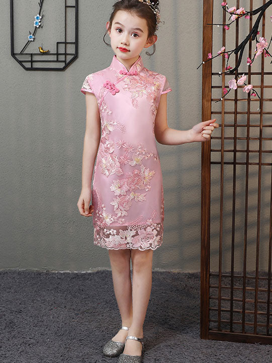 Embroidered Overlay Kids Girls Cheongsam Dress