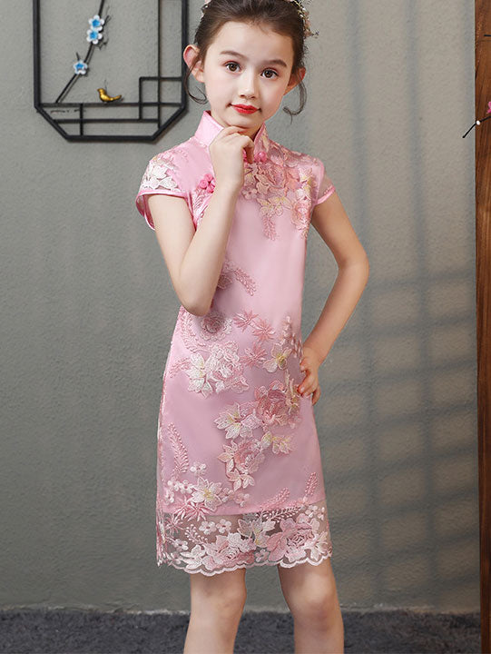 Embroidered Overlay Kids Girls Cheongsam Dress