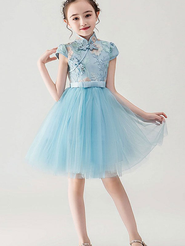 Blue Pink Embroidered Flower Girl Cheongsam Dress