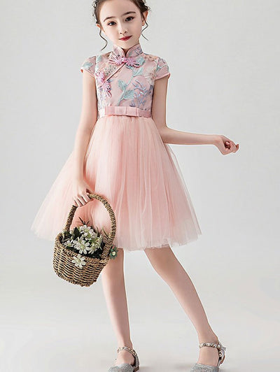Blue Pink Embroidered Flower Girl Cheongsam Dress