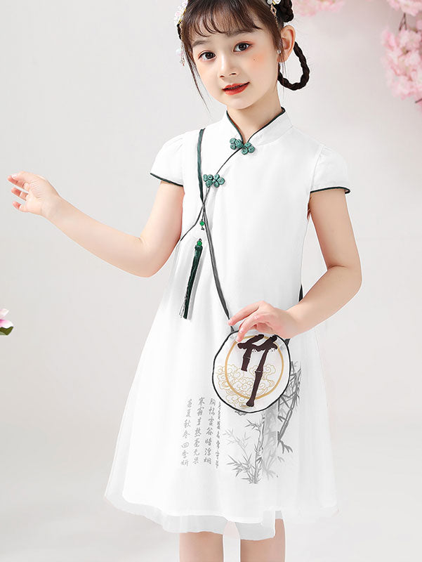White Pink Kids Girl's Cheongsam Qipao Dress