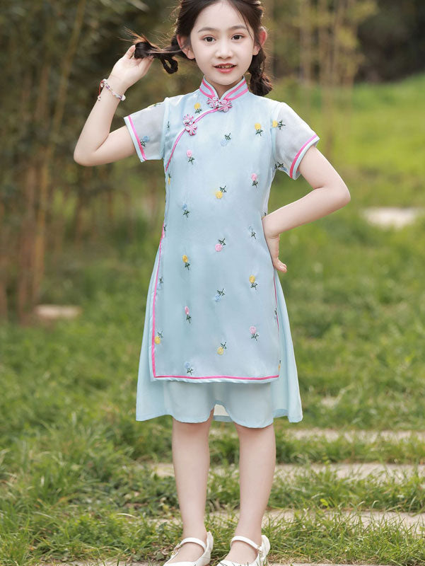 2023 Blue Embroidered Kids Girls Qipao Cheongsam Dress