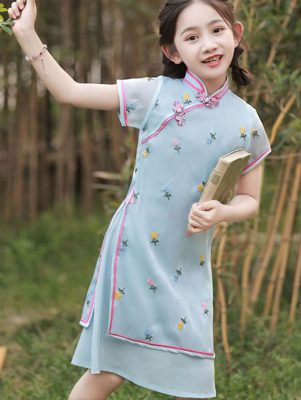 2023 Blue Embroidered Kids Girls Qipao Cheongsam Dress