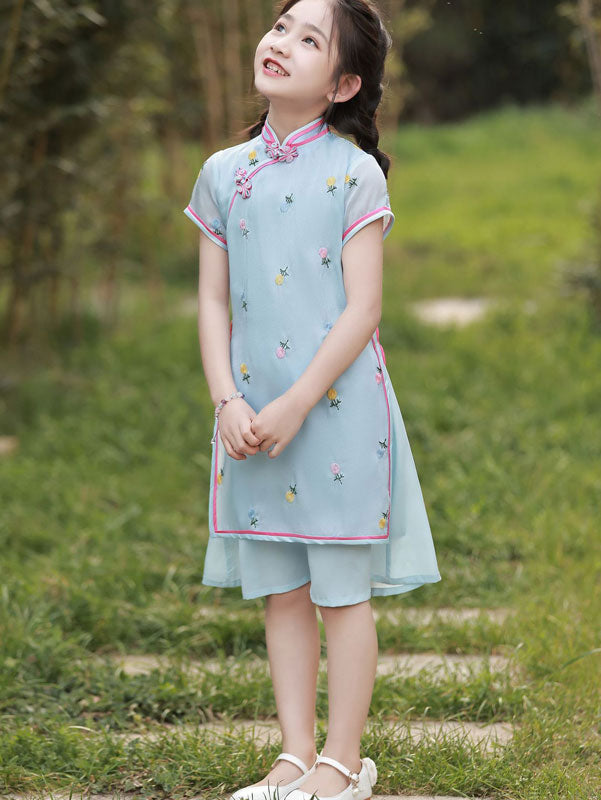 2023 Blue Embroidered Kids Girls Qipao Cheongsam Dress