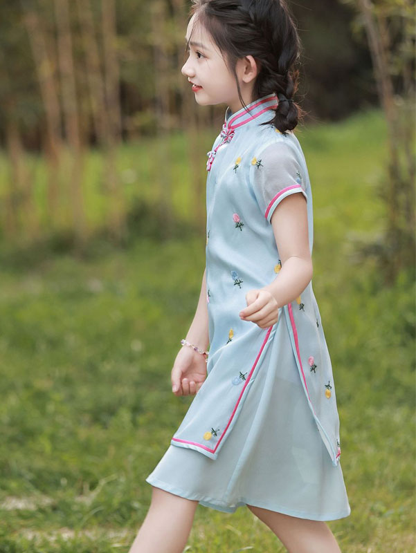 2023 Blue Embroidered Kids Girls Qipao Cheongsam Dress