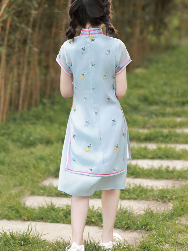 2023 Blue Embroidered Kids Girls Qipao Cheongsam Dress