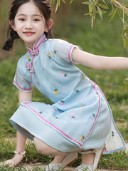 2023 Blue Embroidered Kids Girls Qipao Cheongsam Dress