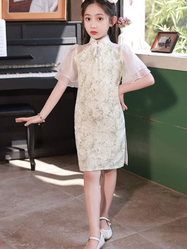 Jacquard Flutter Sleeve Kids Girls Cheongsam Qipao Dress