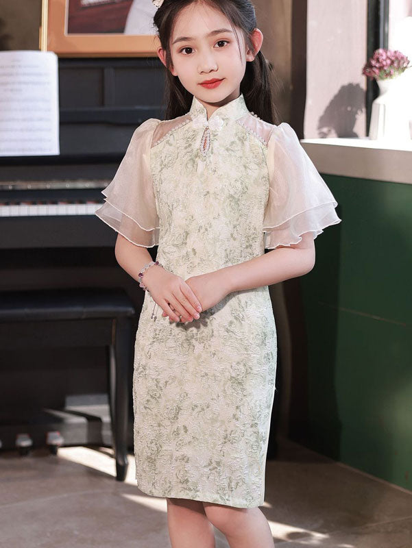 Jacquard Flutter Sleeve Kids Girls Cheongsam Qipao Dress