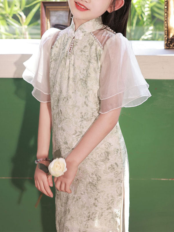 Jacquard Flutter Sleeve Kids Girls Cheongsam Qipao Dress