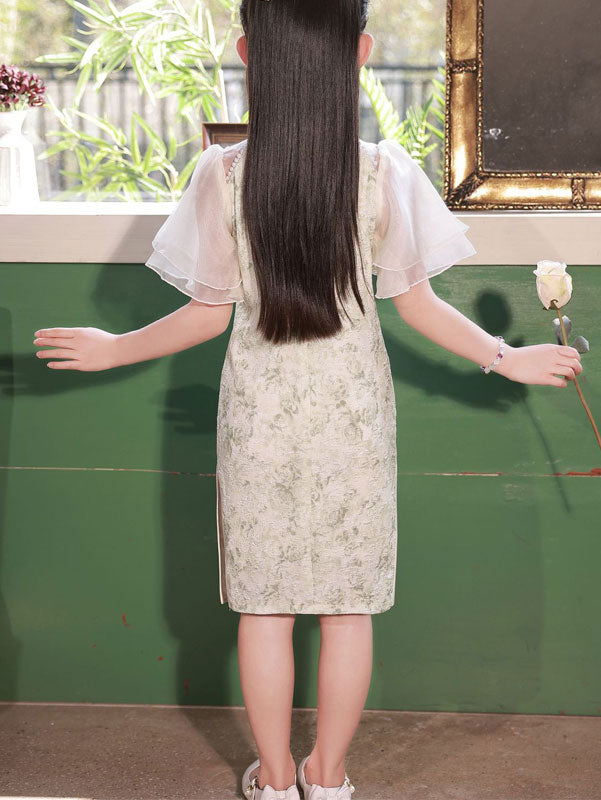 Jacquard Flutter Sleeve Kids Girls Cheongsam Qipao Dress