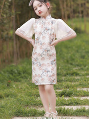 Jacquard Flutter Sleeve Kids Girls Cheongsam Qipao Dress