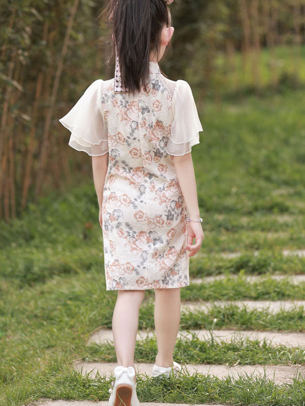 Jacquard Flutter Sleeve Kids Girls Cheongsam Qipao Dress
