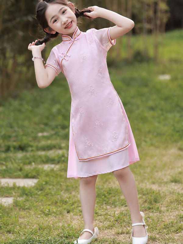 2023 Pink Jacquard Kids Girls Cheongsam Qipao Dress