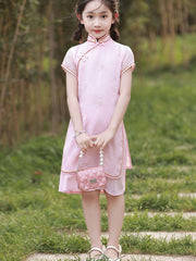2023 Pink Jacquard Kids Girls Cheongsam Qipao Dress