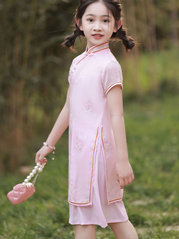 2023 Pink Jacquard Kids Girls Cheongsam Qipao Dress