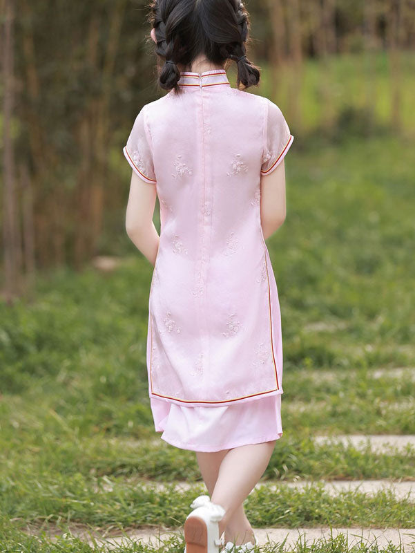 2023 Pink Jacquard Kids Girls Cheongsam Qipao Dress