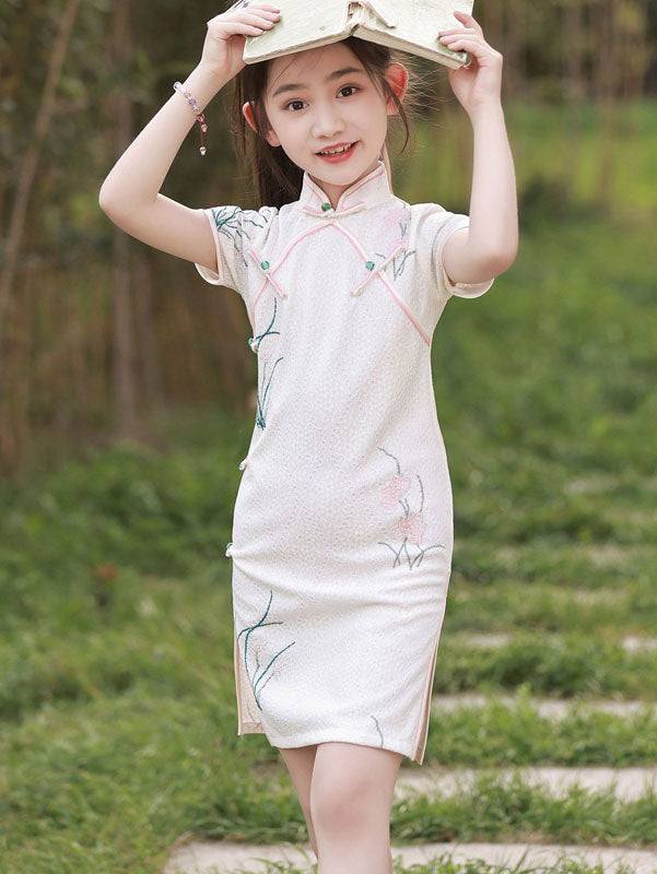 2023 Embroidered Lace Kids Girls Cheongsam Qipao Dress