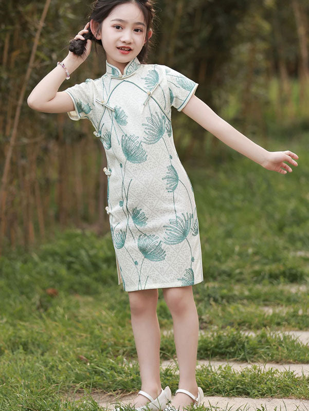 White Embroidered Lace Kids Girls Cheongsam Qipao Dress