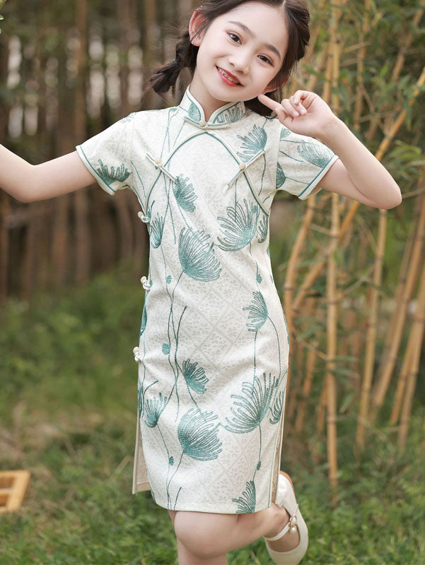White Embroidered Lace Kids Girls Cheongsam Qipao Dress