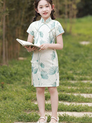White Embroidered Lace Kids Girls Cheongsam Qipao Dress