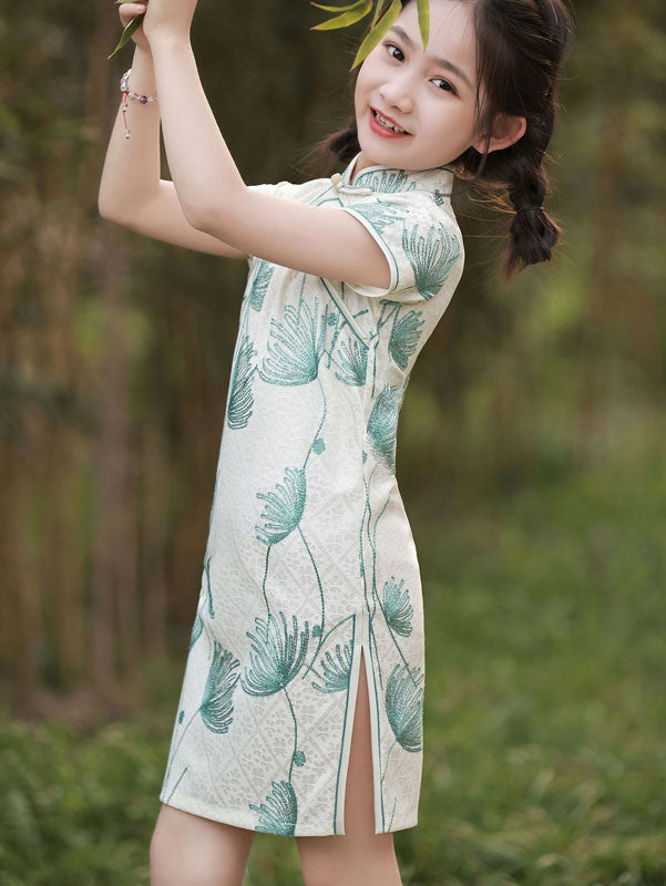 White Embroidered Lace Kids Girls Cheongsam Qipao Dress