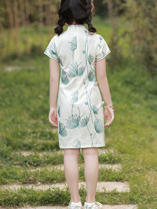 White Embroidered Lace Kids Girls Cheongsam Qipao Dress