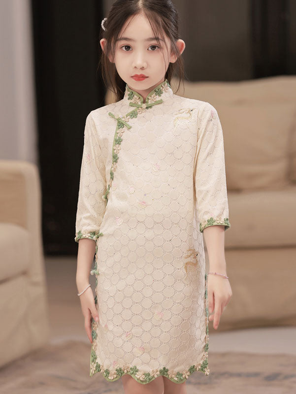 Embroidered Deer Lace Kids Girls Cheongsam Qipao Dress