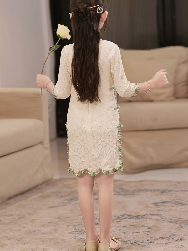Embroidered Deer Lace Kids Girls Cheongsam Qipao Dress