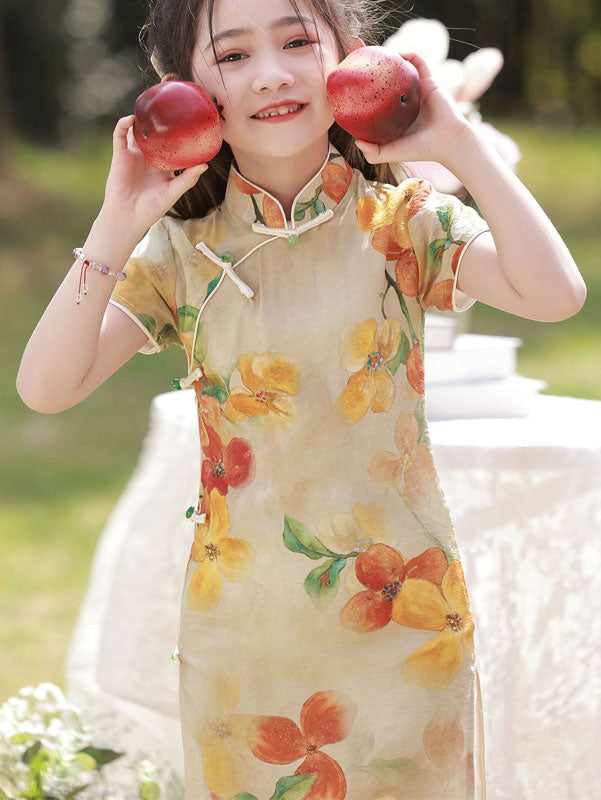 Mom Daughter Matching Floral Linen Cheongsam Qipao Dress