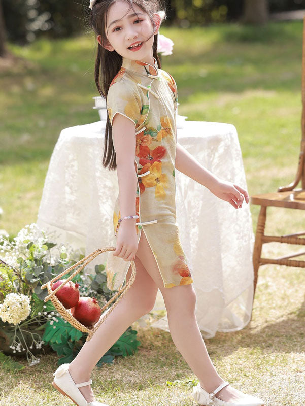 Mom Daughter Matching Floral Linen Cheongsam Qipao Dress
