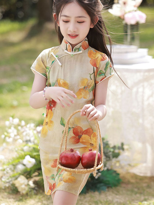 Mom Daughter Matching Floral Linen Cheongsam Qipao Dress