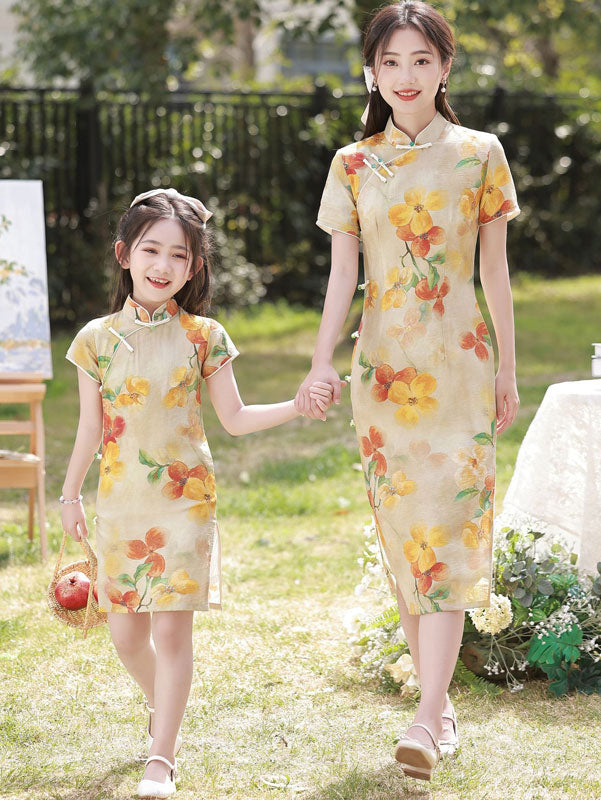 Mom Daughter Matching Floral Linen Cheongsam Qipao Dress