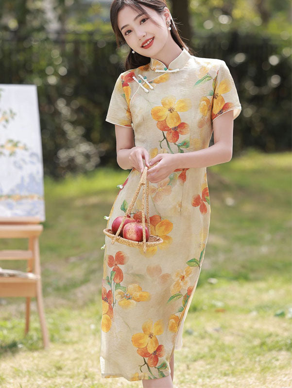 Mom Daughter Matching Floral Linen Cheongsam Qipao Dress