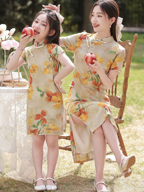 Mom Daughter Matching Floral Linen Cheongsam Qipao Dress
