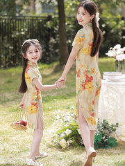 Mom Daughter Matching Floral Linen Cheongsam Qipao Dress