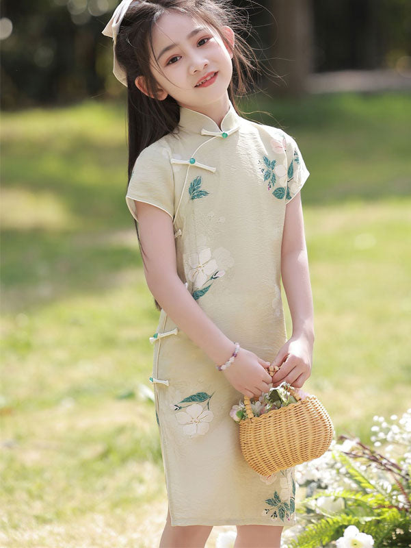 2023 Mom Daughter Matching Floral Linen Qipao Cheongsam Dress