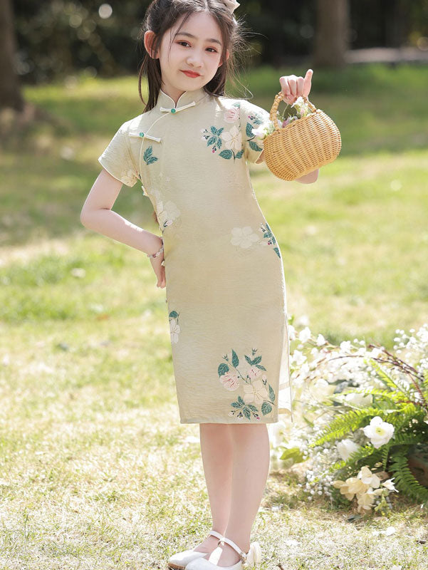 2023 Mom Daughter Matching Floral Linen Qipao Cheongsam Dress