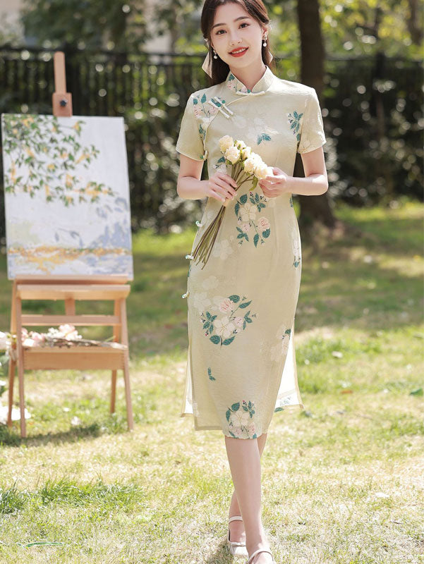 2023 Mom Daughter Matching Floral Linen Qipao Cheongsam Dress