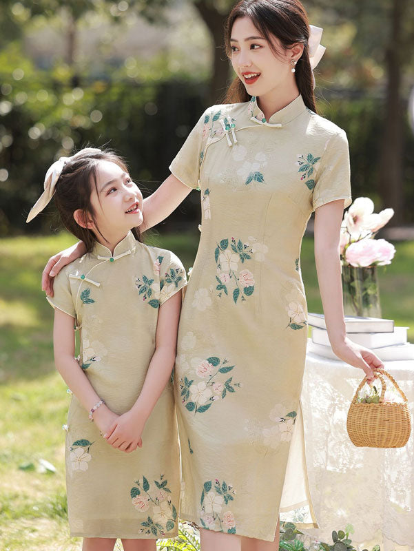 2023 Mom Daughter Matching Floral Linen Qipao Cheongsam Dress