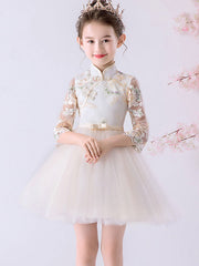 Champagne Pink Embroidered Flower Girls Tulle Cheongsam Dress