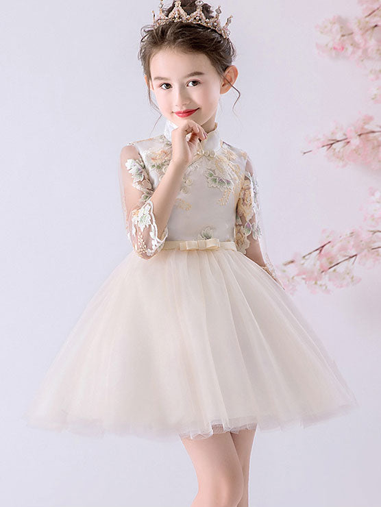 Champagne Pink Embroidered Flower Girls Tulle Cheongsam Dress