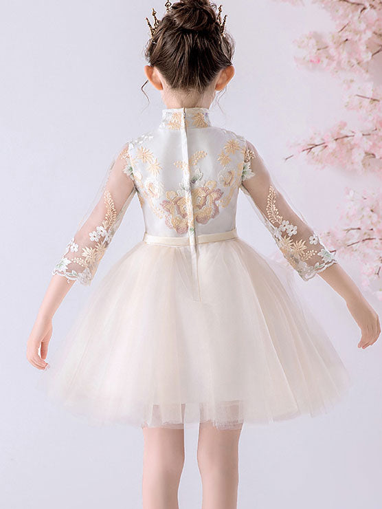 Champagne Pink Embroidered Flower Girls Tulle Cheongsam Dress