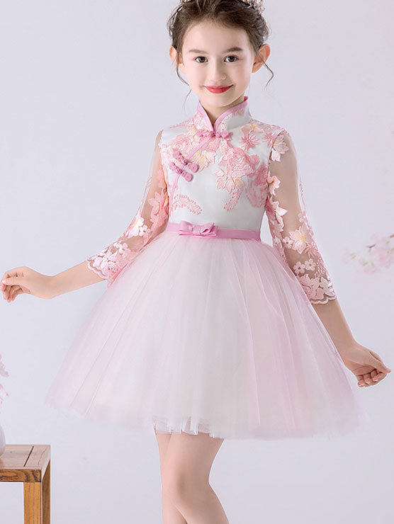 Champagne Pink Embroidered Flower Girls Tulle Cheongsam Dress