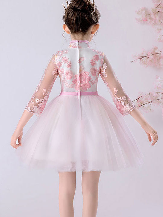 Champagne Pink Embroidered Flower Girls Tulle Cheongsam Dress