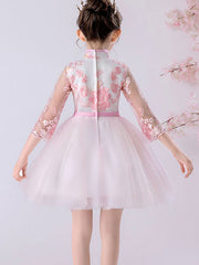 Champagne Pink Embroidered Flower Girls Tulle Cheongsam Dress
